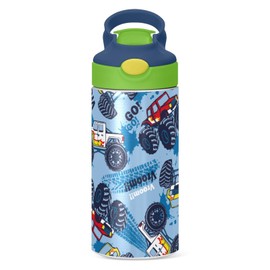 Mnsruu Monster Truck Cars Kids Water Bottle with Straw Insulated Stainless Steel Drink Bottle for Boys Girls School 350ml Leakproof Vacuum Hot Cold Water Flask