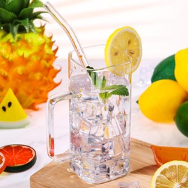 Gejoy 6 Pcs Square Glass Cups with Straws Thin Cute Cocktail Glasses Glassware Portable Ice Coffee Cups with Handle and Straw Brushes for Party Favor Housewarming Gifts(Clear Handle, 16 oz)