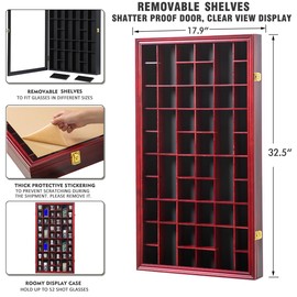 Shot Glass Display Case Large Wooden Cabinet Rack Holder Wall Mounted Mahogany Shadow Box Lockable with UV Protection Acrylic Glass Door Shot Glass Storage with Removable Shelves, 17"x32", 52 Slots