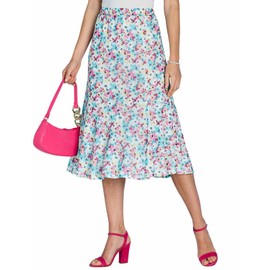 Amber Ladies Printed Mesh Lined Skirt with Split Elasticated Waist & Tiered Hem Duck Egg Blue 12