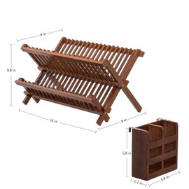 HBlife Dish Rack,Teak Folding 2-Tier Collapsible Drainer Dish Drying Rack with Utensils Flatware Holder Set (Dish Rack with Utensil Holder)