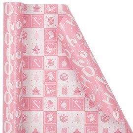 Ulmasinn Reversible Christmas Wrapping Paper Pink Mini Roll 17 Inches X 33 Feet for Girls Kids,printed with “Ho Ho” and Pink Holiday Collection Design for Festivals, Parties, Celebrations