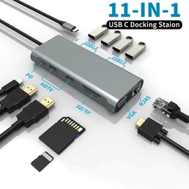 USB C Hub 11 in 1 Docking Station with HDMI, SD/TF, USB 2.0, USB 3.0,VGA, RJ45 Ethernet Ports,100W PD, Triple Display or Dual Monitor with 2 HDMI +VGA,for Dell HP Lenovo Surface MacBook Laptop
