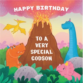Hunts England - Godson Dinosaur Children’s Birthday Card - Happy Birthday - To A Very Special Godson - Dinosaurs & Volcano - Imagination Collection