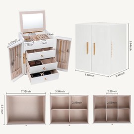 Dajasan Large Jewelry Box for Women, Jewelry Holder Organizer Box with 3 Drawers, 4-Tier Jewelry Storage Organizer with Mirror for Necklace Ring Bracelet Watch, Gift Idea (White)