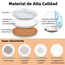 Juego de 6 Portavasos para Mesa Absorbentes, Posavasos de Marmol Antideslizantes de Cerámica para Bebidas, con Soporte de Metal Negro, Coasters para Varios Tipos de Vasos de Agua y Copas de Vino (Blanco)