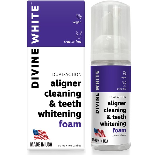 Divine White Dual-Action Stain Removal Aligner/Retainer Cleaner and Teeth Whitening Foam- Hydrogen Peroxide-Good for Invisalign, ClearCorrect, SmileDirectClub, Candid, Byte -Oral Care-Foam Toothpaste