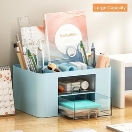 Portalápices de Escritorio, Organizador de Bolígrafos con 2 cajones, Organizador de Escritorio Multifuncional con 5 compartimentos  Cajón para...     