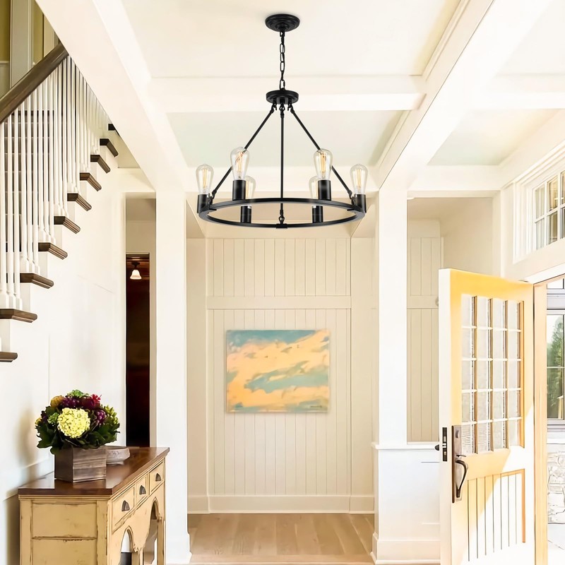 Senyshilon Black Chandelier, 6-Light Dining Room Light Fixture, Round Farmhouse