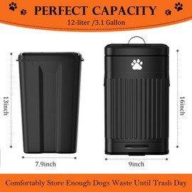 Kopuncare Dog Poop Trash Can Outside, 12L/3.1Gal Metal Dog Waste Trash Can with Lid, Foot Pedal, Dog Waste Container with 40 Waste Bags, Dog Poop Bucket with Lid Soft Close for Pet, Rectangular Black