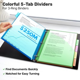 Dunwell 2-Pocket 5-Tab Dividers for 3-Ring Binder (3 Sets, 15 Count), 5 Colors, Plastic Notebook Dividers, Durable Acid-Free Poly, Includes Label Inserts