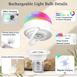 Vancle Rechargeable Light Bulbs with Remote Timer, RGB & 3 Color Temperatures, Battery Backup Bulb for Sconces and Lamps, E26 Detachable Charging for Non-Hardwired Fixture, Dimmer (1)