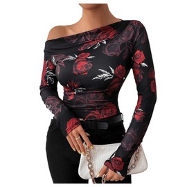 Floerns Women's Off Shoulder Tops Y2k Going Out Tops for Women Trendy Long Sleeve Asymmetrical Ruched T Shirts Tops Black X-Large