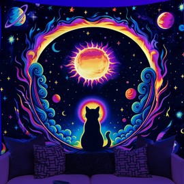 WEBEEDY UV Reactive Cat Black Light Tapestry Glow In The Dark, Moon Star Galaxy Wall Hanging Tapestry Psychedelic Neon Solar Eclipse Backdrop for Bedroom Living Room Party Decor (59"x51"/150x130cm)