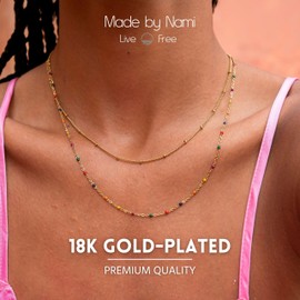 Made by Nami Double Row Pearl Necklace Layered Necklace Women's Gold with Colourful and Golden Beads Made of Surgical Stainless Steel 40 + 5 cm Boho Jewellery Women's Hypoallergenic & Waterproof