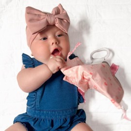 Baby Jack & Co 8x8” Learning Lovey Baby Girl Newborn Gender Reveal Tag Stroller Toy for Babies - Crinkle Toys for Developing Five Senses - Pink Hospital Blanket - Shower Gift - BPA Free Clip