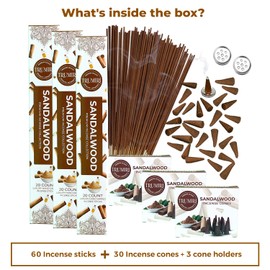 Sandalwood Incense Sticks & Incense Cones Combo Pack - 60 Insence-Sticks + 30 Insence Cones - Inscense - Incense Cones Scented - Insents