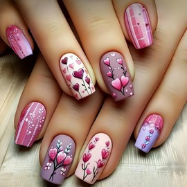 Valentine's Day Pink Love Press on Nails Short Square Heart Stripe Design Valentine's Nails Press Ons Full Cover Acrylic Nails Artificial Coffin Nails Holiday Stick on Nails for Women Manicure Kit