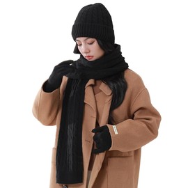 Harssidanzar Men and Women 3Pcs Cashmere Wool Scarf Beanie Hat Gloves Set SU004US,Black