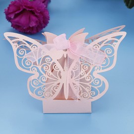 100PCS Romantic Wedding Gift Box Decoration Flower Bride Laser Cut Party Sweet Favors Candy Box Pink with Ribbon for Weddings and Birthdays (Pink)