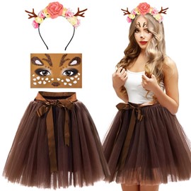 Women's Antlers Costume, Antlers Headband with Flowers, Tulle Skirt, Coffee Tutu Skirt, Reindeer Face Tattoos, Deer Costume Accessories for Fancy Dress, Carnival, Cosplay, Theme Party, NO