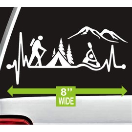 Hiker Guy Camping Tent Kayak Heartbeat Decal Sticker for Car Window 8.0 Inch BG 486