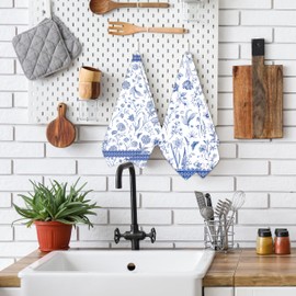 Puwurak Chinoiserie Floral Kitchen Towels 2 Pack Blue White Flowers Absorbent Hand Towels 15.7 x 23.6 Inch Decorative Dish Towels for Home Farmhouse Kitchen