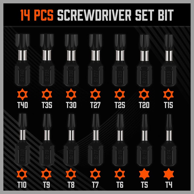 HORUSDY 15-Piece Torx Head Screwdriver Bit Set, T4-T40 Tamper Proof