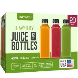 DECADORN 12oz 20pcs Juice Bottles With Caps - MADE IN USA Juice Containers With Lids For Fridge - Juicer Bottles With Tamper Evident Caps, Shatterproof, BPA-Free, Leak proof, Disposable & Recyclable