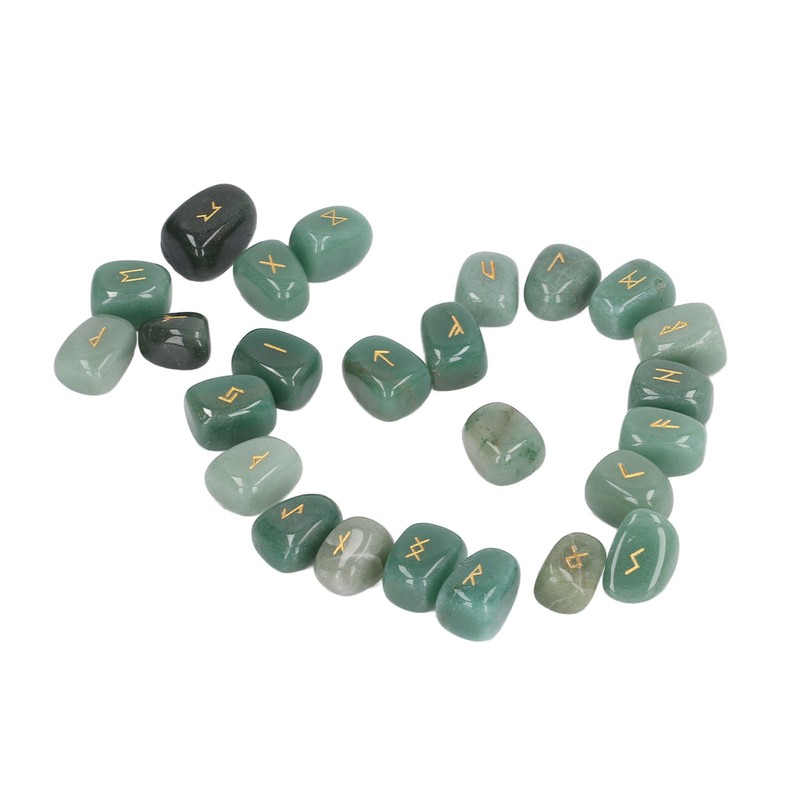 25pcs Rune Stones Set Hand Carved Polished Green Aventurine Portable