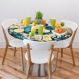 Bardic Ocean Turtle Round Fitted Tablecloth with Elastic Edge, Sea Turtles Table Cloth Waterproof Wipeable Round Table Cover for Indoor Outdoor Patio, Fits Tables up to 45"-56" Diameter