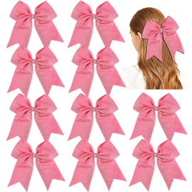 Hipcheer 10PCS Large Glitter Cheer Bows with Full Shiny Rhinestones Multicolored Shimmer Cheer Hair Bows Elastic Band Ponytail Holder for Cheerleader Girls Sports (Pink)