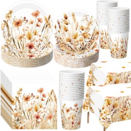 Layhit 202 Pcs Wildflower Party Decoration Supplies Floral Paper Plates Napkins Cups Butterfly Wildflower Tablecloth for Autumn Summer Birthday Wedding Fall Party(Fall Flower,Brown)