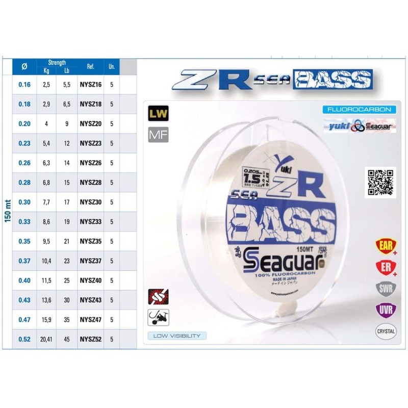 SEAGUAR YUKI ZR SeaBass Fluorocarbon Fishing Line 100% Invisible 150m,
