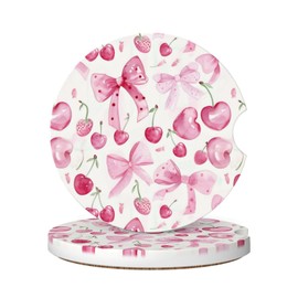 Delerain Pink Bows Cherries Car Cup Holder Coasters, 2 Pack Ceramic Car Cup Coaster Universal Absorbent Non-Slip Cork Base Drink Coasters with Finger Notch for Easy Move