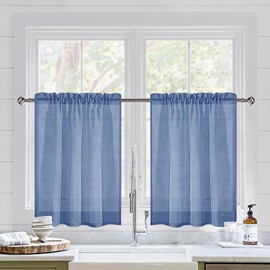 DWCN Short Kitchen Curtains,Faux Linen Half Window Sheer Curtains Rod Pocket Small Voile for Bathroom Basement Cafe Drapes Light Filtering 2 Panels, W36 X L36 inches, Blue Haze