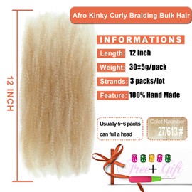 12 Inch Afro Kinky Curly Braiding Bulk Hair 3 Packs Marley Twist Hair Bulk for Dreadlock Extensions Spring Afro Twist Hair Bulk for Mini Twist Repair Locs (27/613#, 12 Inch)
