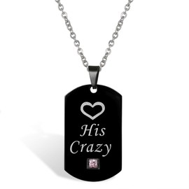 Flongo Couples Partner Pendant Necklace Set, Zirconia Stainless Steel Necklace Chain with Engraving Crown, Dog Tag, Black Silver Partner Chains for Men, Women, Stainless Steel, Cubic Zirconia