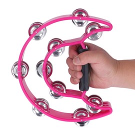Zerodis Double Row Tambourine, Pink Half Moon Tambourine with Double Row Jingles Musical Instrument for Musicians Singers Bands Party