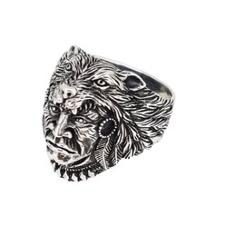 Treasure Bay Biker Skull Ring - Chunky 925 Sterling Silver Gothic Ring Native American Indian Chief Wolf Head Ring Biker Ring (W)