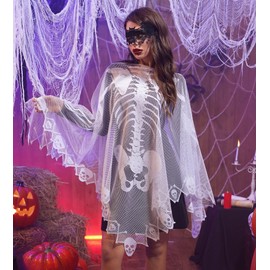 Capa Esqueleto de Halloween, Poncho de Encaje de Esqueleto Blanco para Mujer, Perfecto para Fiestas de Disfraces de Halloween y Cosplay (A)