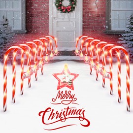 𝗡𝗘𝗪 Christmas Candy Cane Lights, 12" Total Height with Red Star and Snowman, 12 Pack, Weather-Resistant Pathway Lights, 8 Modes, Easy Installation for Garden & Holiday Decor