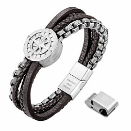 murtoo Mens Bracelet, Leather and Steel, Multi-layer Leather Bracelet for Men with Compass, Ideal Gift for Boyfriend Husband Father (Brown Leather & Chain, 9.5")
