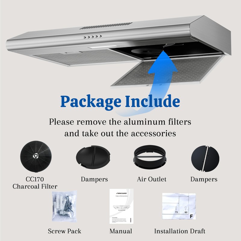FIREGAS Under Cabinet Range Hood 30 Inch, Ducted/Ductless Convertible Vent