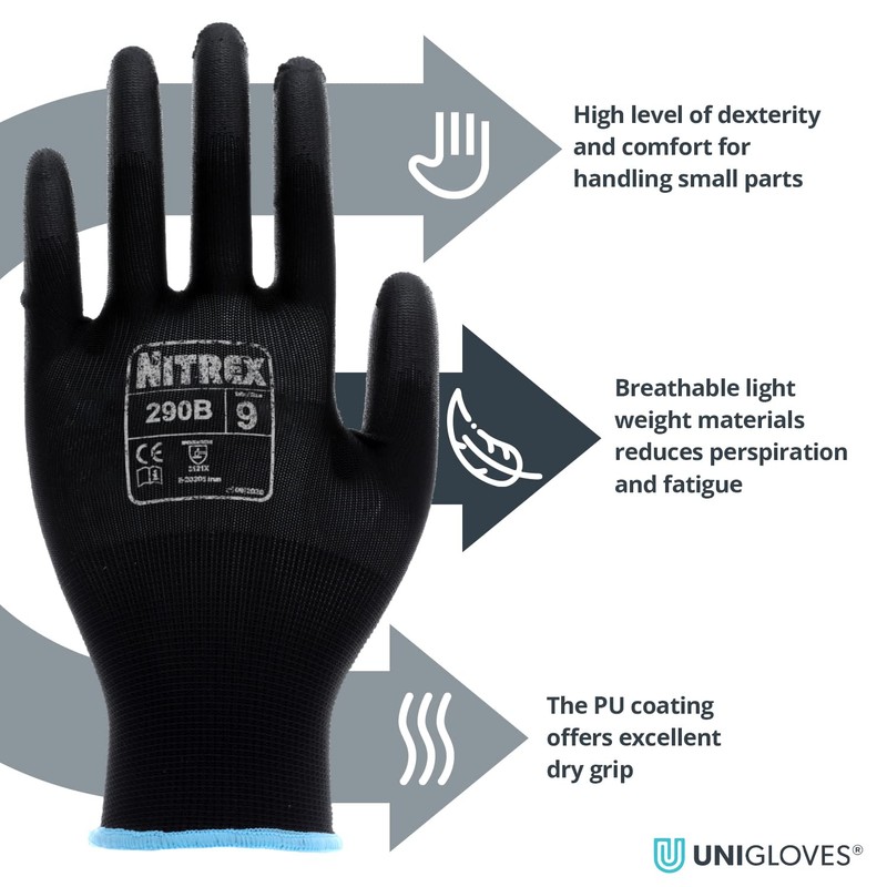 NITREX 290B Work and Safety Gloves, 10 Pairs of Black