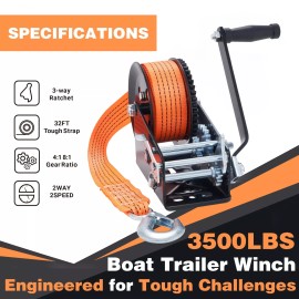 OPENROAD 3500LB Boat Trailer Winch - Heavy Duty Hand Winch with 32 FT Orange ...