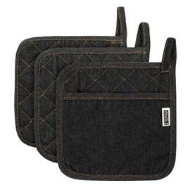 Denim Potholders Kitchen Everyday Basic 8 Inch 100% Cotton Pot Holder Heat Resistant Large Coaster Hot Pads Kit Trivets Set for Cooking and Baking Set of 3 Black