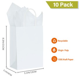 AZOWA White Gift Bags with Tissue Paper Small White Kraft Paper Bags with Handles (8.3 x 5.1 x 3.1 in, 10 Pcs)