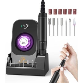 Portable Nail Drill Electric File: 40000RPM Professional Nail E-File for Acrylic Nails Remove Nail Gel Polish Manicure, Rechargeable Cordless Nail Drill Machine with Bits & Base for Salon Home, Black