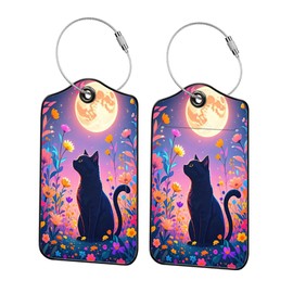 Qrifaro Cute Cat Leather Luggage Tags for Suitcases, PU Cruise Ship Travel Bag Tags with Privacy Cover ID Label with Stainless Steel Loop for Women Men Girls Cute Backpack Gift 2 Pack